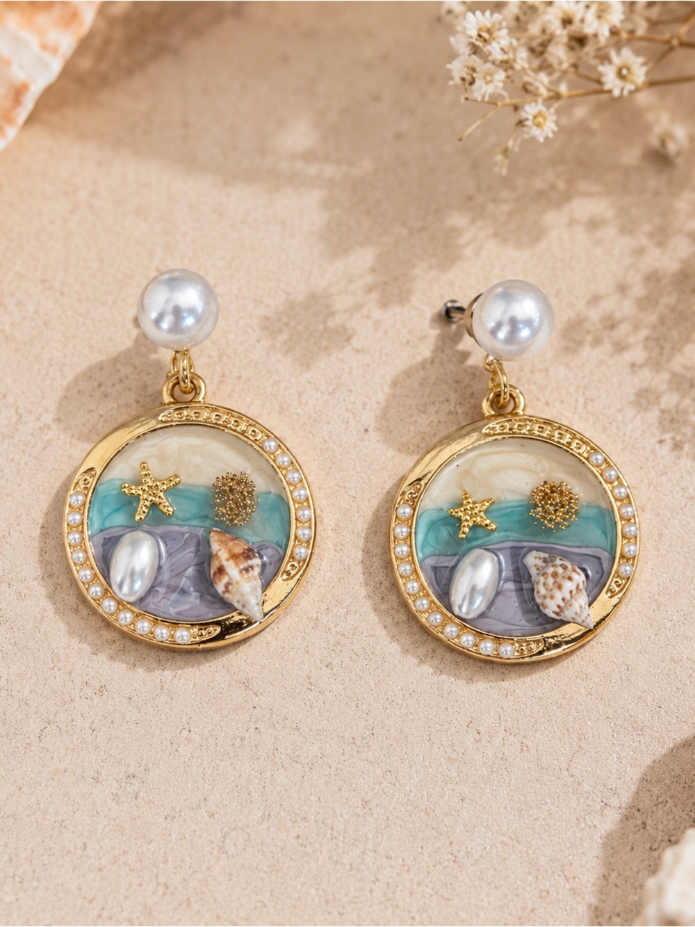 Gold Sea Motif Drop Earrings with Pearls